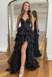 Black Tiered A Line Lace Prom Dress