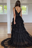 Black Tiered A Line Lace Prom Dress