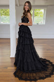 Black Tiered A Line Lace Prom Dress