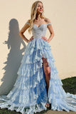 Off The Shoulder Sky Blue A Line Tiered Prom Dress With Slit