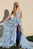 Off The Shoulder Sky Blue A Line Tiered Prom Dress With Slit