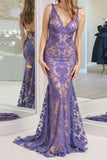 Mermaid Dark Purple V Neck Lace Prom Dress