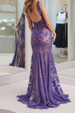 Mermaid Dark Purple V Neck Lace Prom Dress