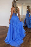 Strapless A Line Blue Prom Dress With Appliques