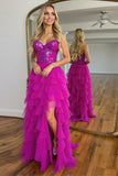 Corset Hot Pink Strapless A Line Prom Dress With Sequins