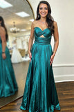 Dark Green Metallic Strapless A Line Prom Dress