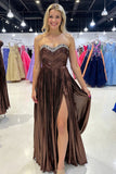 Metallic Strapless Brown A Line Pleated Prom Dress