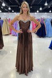 Metallic Strapless Brown A Line Pleated Prom Dress