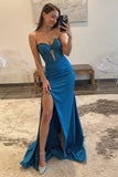 Mermaid Dark Blue Strapless Prom Dress With Slit