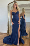 Navy Mermaid Satin Long Prom Dress With Slit