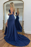 Navy Mermaid Satin Long Prom Dress With Slit