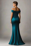 Peacock Blue Mermaid Off The Shoulder Ruched Satin Prom Dress