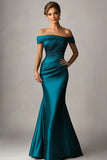 Peacock Blue Mermaid Off The Shoulder Ruched Satin Prom Dress