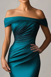 Peacock Blue Mermaid Off The Shoulder Ruched Satin Prom Dress