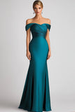 Mermaid Off The Shoulder Peacock Blue Satin Ruched Long Prom Dress