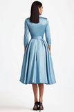 Blue A Line Flared Front Button Closures Mid Length Prom Dress with Long Sleeves