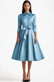Blue A Line Flared Front Button Closures Mid Length Prom Dress with Long Sleeves