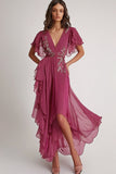 Embellished Dark Pink V Neck A Line Floral Maxi Prom Dress with Ruffles