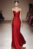 Red Strapless Pleated Satin Prom Dress With Slit