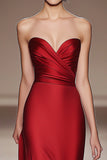 Red Strapless Pleated Satin Prom Dress With Slit