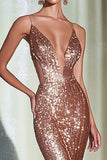 Rose Gold Sequins Mermaid Deep V-Neck Prom Dress
