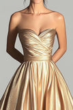 Sweetheart Champagne A Line Satin Ruched Long Prom Dress