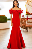 Matte Red Satin Ruffles Off the Shoulder Mermaid Long Prom Dress
