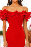 Matte Red Satin Ruffles Off the Shoulder Mermaid Long Prom Dress