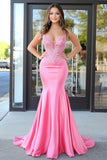 Pink Spaghetti Straps Mermaid V Neck Appliqued Prom Dress