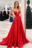 Red V Neck A Line Strapless Long Prom Dress