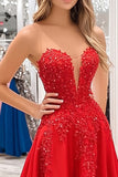 Red V Neck A Line Strapless Long Prom Dress