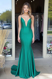 Green Sheath Deep V Neck Spaghetti Straps Long Prom Dress
