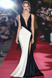 Mermaid Black White Deep V Neck Long Gala Dress