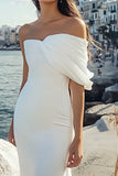 White One Shoulder Ruched Mermaid Long Wedding Dress