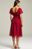 Red Chiffon A Line V NeckMidi Wedding Guest Dress