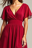 Red Chiffon A Line V NeckMidi Wedding Guest Dress