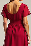 Red Chiffon A Line V NeckMidi Wedding Guest Dress