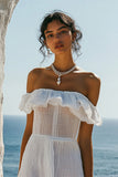 White Off The Shoulder A Line Wedding Dress With Ruffles