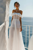 White Off The Shoulder A Line Wedding Dress With Ruffles