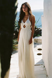 White A Line Simple V Neck Boho Party Dress