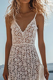 White A Line V Neck Lace Graduation Dress