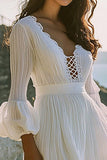 A Line White V Neck Long Sleeves Graduation Dress