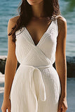 A Line White V Neck Simple Long Graduation Dress