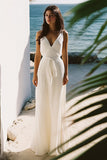 A Line White V Neck Simple Long Graduation Dress