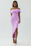 White Sheath Off the Shoulder Matte Satin Asymmetrical Graduation Dress