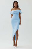 White Sheath Off the Shoulder Matte Satin Asymmetrical Graduation Dress