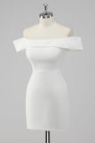 Simple Sheath Off the Shoulder Satin Short White Graduation Dress