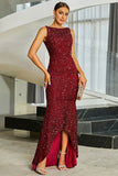 Sparkly Burgundy Sequins Mermaid Long Formal Dress with Slit