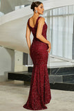 Sparkly Burgundy Sequins Mermaid Long Formal Dress with Slit