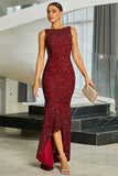 Sparkly Burgundy Sequins Mermaid Long Formal Dress with Slit